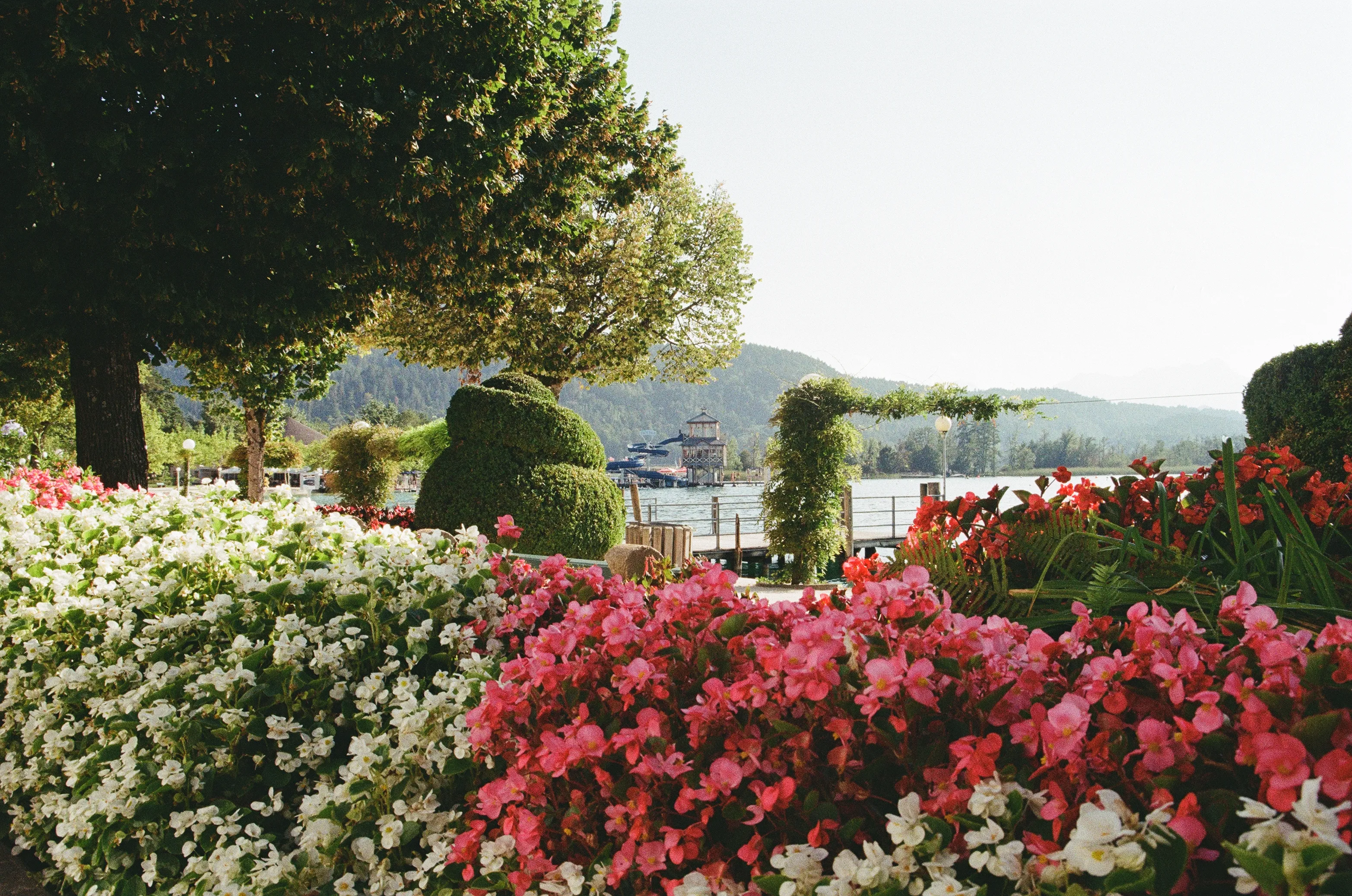 waterslide tower on a pier on lake Wöthersee framed by flower bushes on the Johannes-Brahms-Promenade